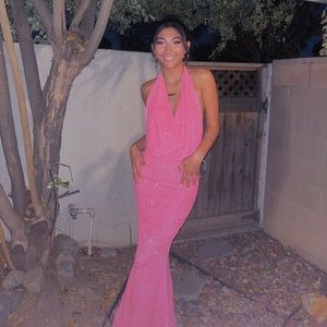 Floor length halter pink dress
